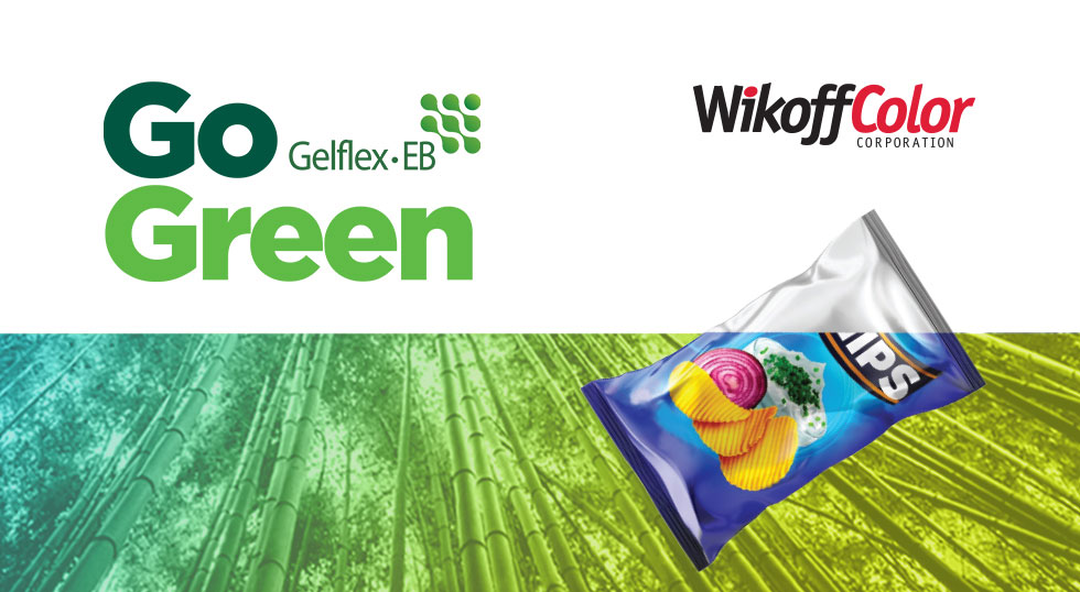 A bag of chips appears over a green bamboo background with the text "Go Green Gelflex-EB" and the "Wikoff Color Corporation" logo above.