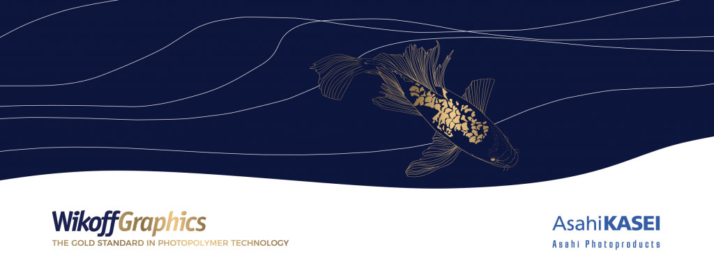 Illustration of a goldfish with a gold pattern swimming against a dark blue background, with "Wikoff Graphics" and "Asahi KASEI" logos at the bottom.