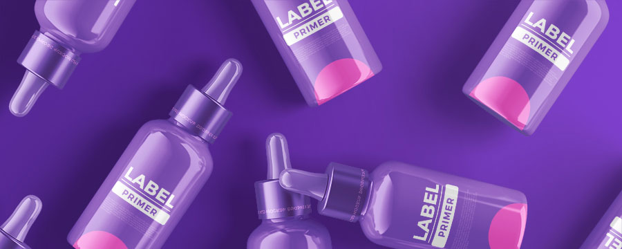 Several purple dropper bottles labeled "PRIMER" are arranged on a solid purple background, with some bottles standing and others lying down.