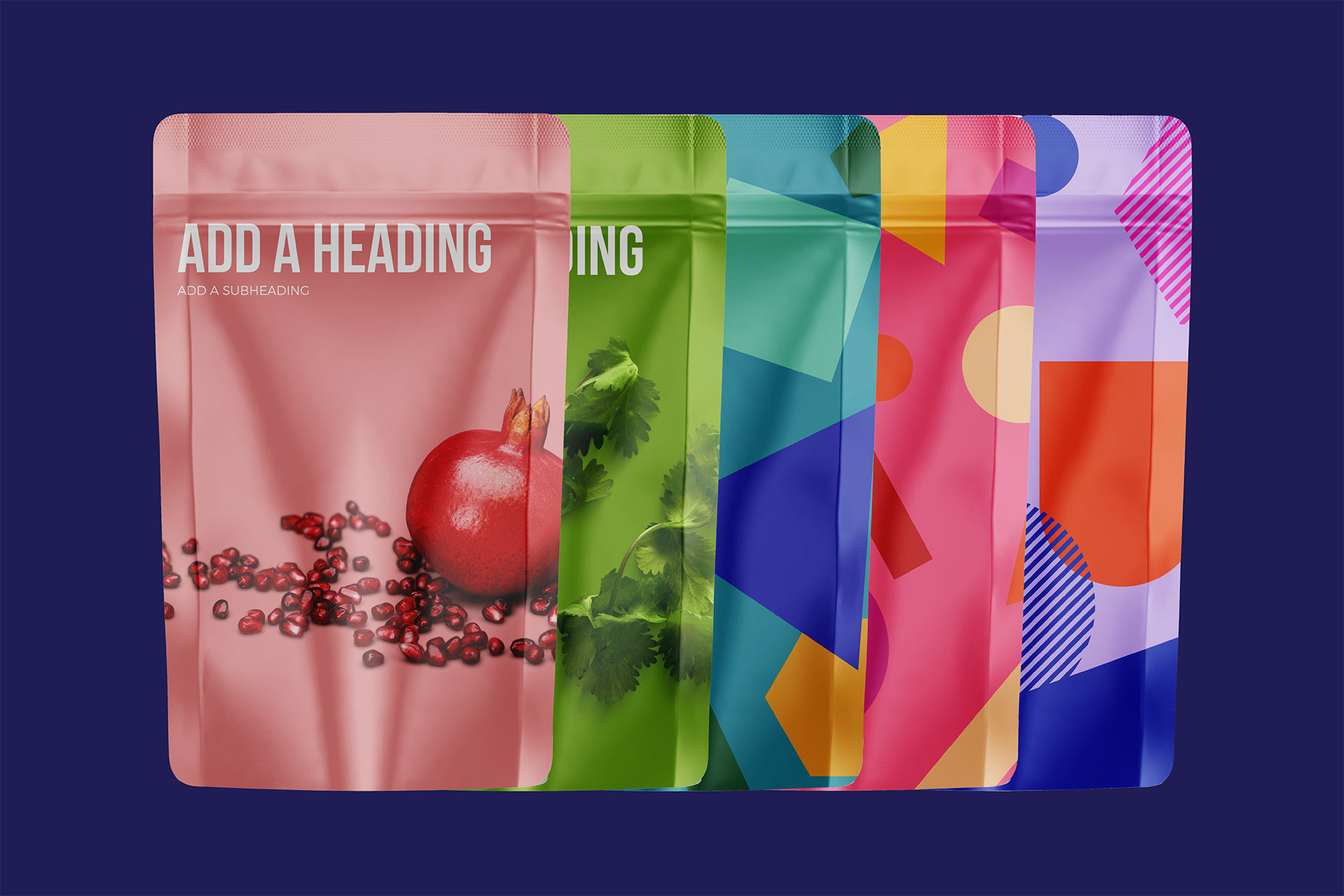 Five colorful stand-up pouches are displayed side by side, with varied colors and designs; the first features a pomegranate and text, the others show abstract patterns or herbs.