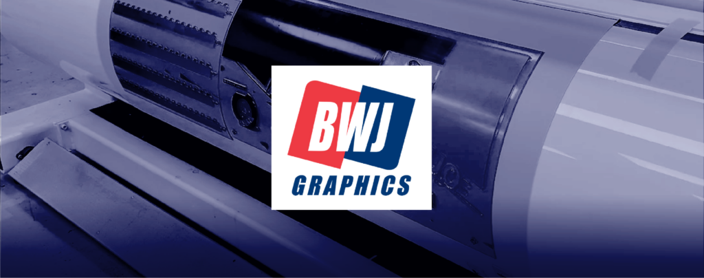A printing press machine with the BWJ Graphics logo centered over the image.