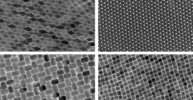 A grayscale image shows four close-up views of different nanoscale patterns, each with distinct repeating dot or grid-like structures.