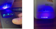Two different objects are shown under UV light, revealing hidden security features or markings that glow blue.