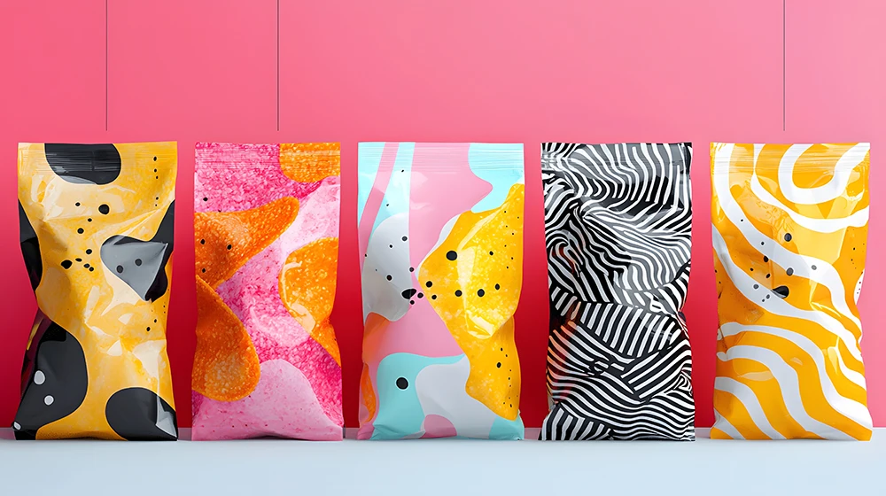 Five colorful, abstract snack bags in vibrant patterns, displayed against a pink background, showcasing playful designs.