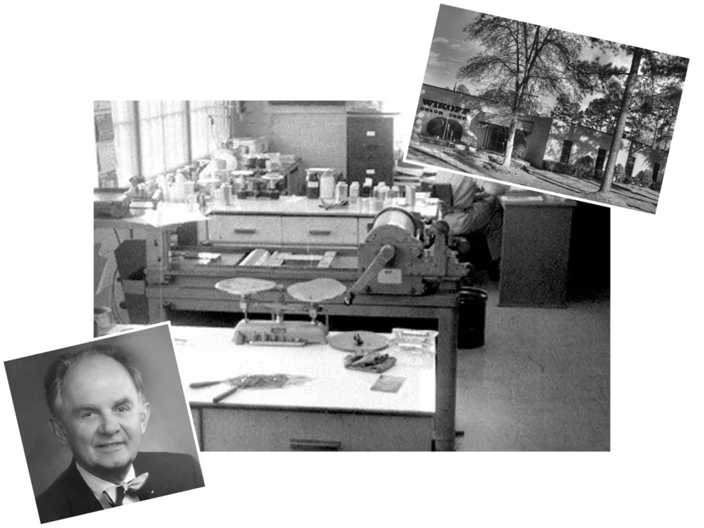 Black and white collage of a laboratory interior, a portrait of an older man in a bow tie, and an exterior view of a building with large trees.