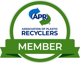 Circular badge with "APR Association of Plastic Recyclers MEMBER" text, featuring blue and green arrows forming a loop, indicating organizational membership.
