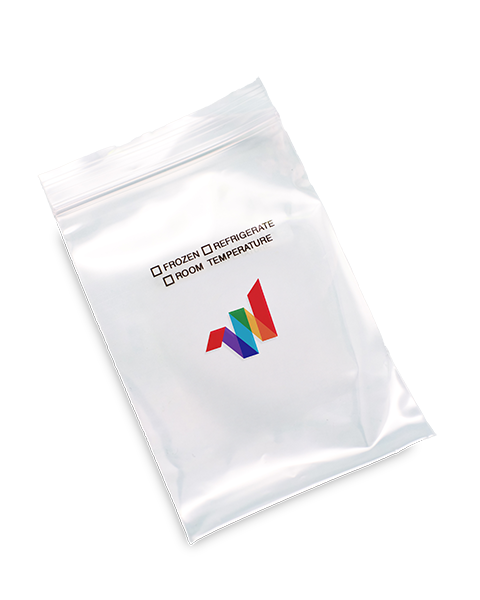 A clear resealable plastic bag with checkboxes for frozen, refrigerate, and room temperature, and a colorful geometric logo on the front.