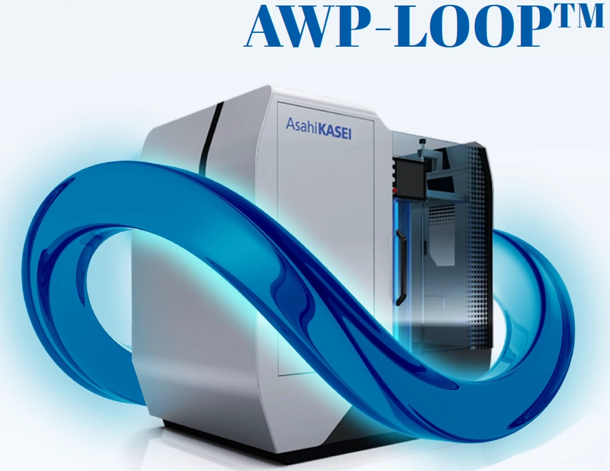 A large Asahi Kasei industrial machine is shown with a blue infinity loop graphic in the foreground and the text “AWP-LOOP™” above.