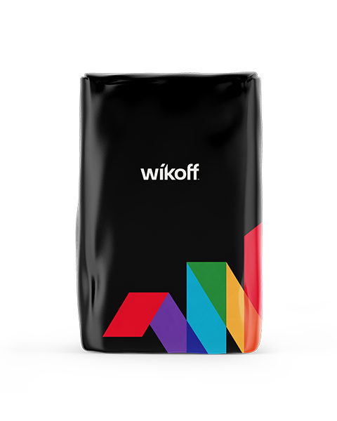 A black package labeled "Wikoff" with a colorful geometric design at the bottom, set against a plain background.