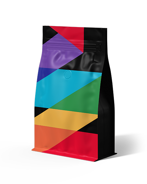 A black resealable bag featuring diagonal stripes in red, orange, yellow, green, blue, and purple on the front, against a plain black background.