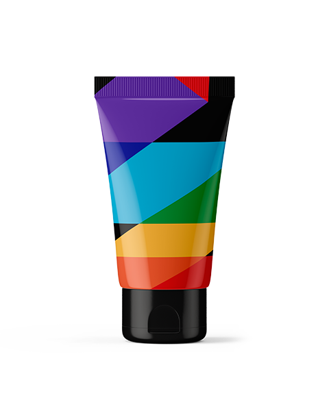 A tube with a black cap featuring a geometric design in purple, blue, green, yellow, orange, and red diagonal stripes.