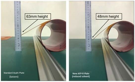 Side-by-side comparison of two flexographic plates next to rulers showing curl heights: 63mm for the standard plate and 48mm for the new reduced solvent plate.