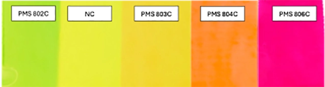 Five vertical color swatches in neon shades: green (PMS 802C), yellow (NC), yellow (PMS 803C), orange (PMS 804C), and pink (PMS 806C), each labeled at the top.
