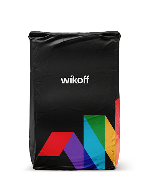 A black bag with the word "Wikoff" in white text and a geometric design in red, purple, blue, green, and yellow on the lower right corner.
