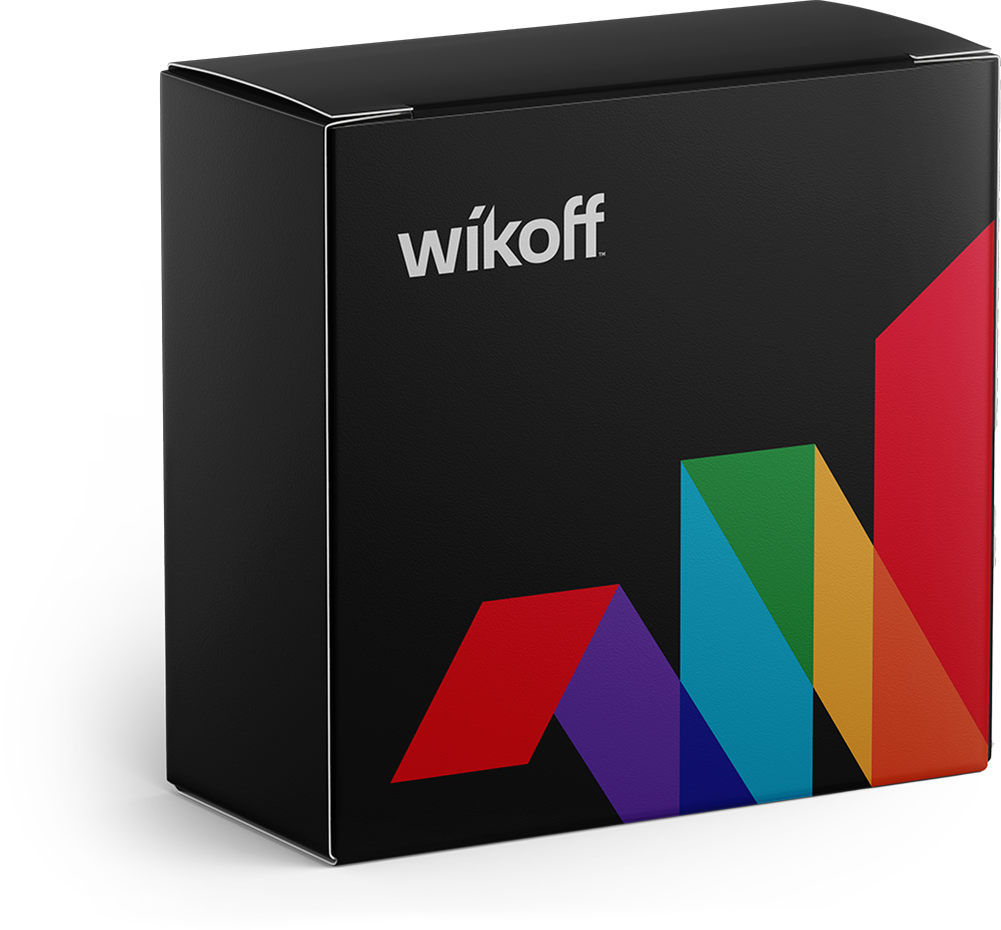 A black box with the wikoff logo and a colorful geometric design featuring red, blue, green, yellow, and orange shapes on the front.