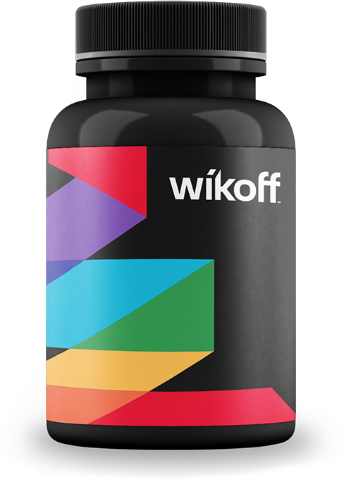 A black supplement bottle labeled "Wikoff" with a colorful geometric design on the front.