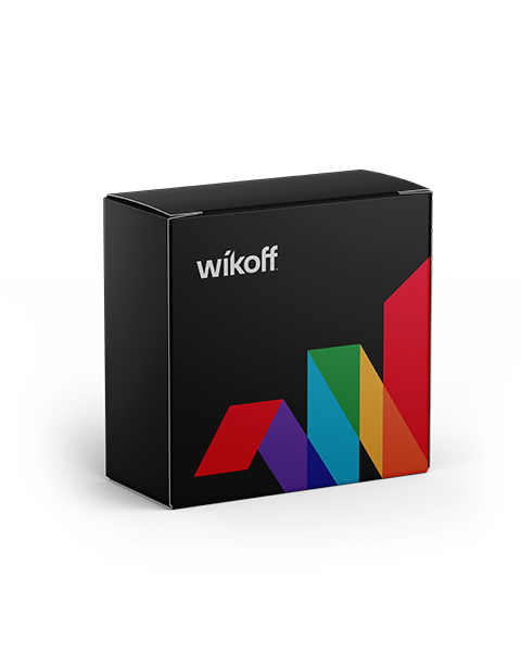 Black box with the word "wikoff" in white text and a design of overlapping colored geometric shapes on the lower right side.