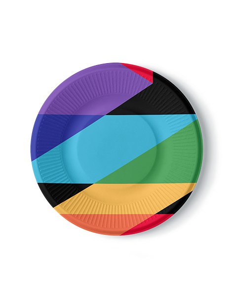 A round paper plate with overlapping translucent bands of purple, blue, green, yellow, red, and black across its surface.