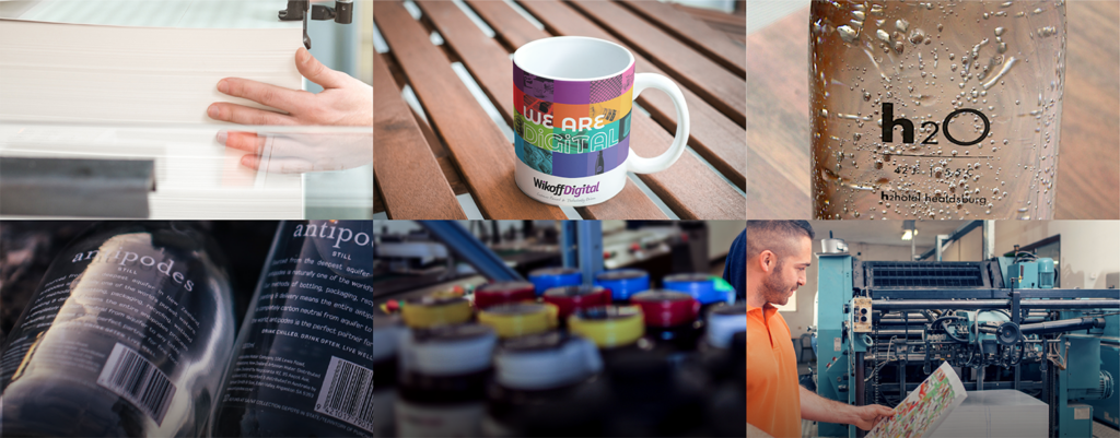A collage showing a person handling paper, a printed mug, a labeled water bottle, bottled water labels, colorful ink containers, and a person reviewing prints at a printing press.