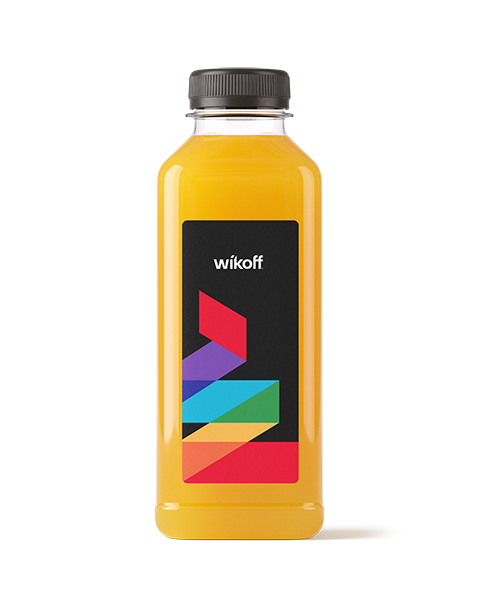 A clear plastic bottle filled with yellow liquid, featuring a black label with the word "wikoff" and a colorful geometric design.