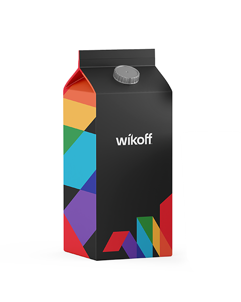 A black beverage carton with a gray twist cap, featuring colorful geometric shapes and the brand name "Wikoff" in white text.
