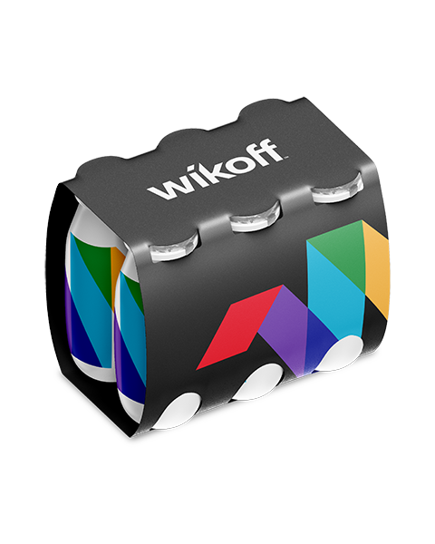 A four-pack of cans partially covered by a black cardboard carrier labeled "wikoff," with colorful geometric designs on the cans.