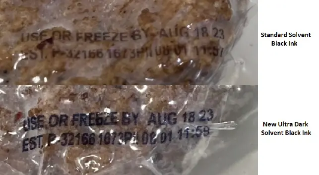 Two packaged food items with expiration dates printed in black ink; the top uses standard solvent ink, the bottom uses new ultra dark solvent ink for greater legibility.