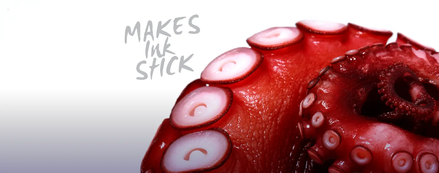 Close-up of red octopus tentacles with white suction cups; text on the left reads "MAKES INK STICK" in gray, handwritten-style font.