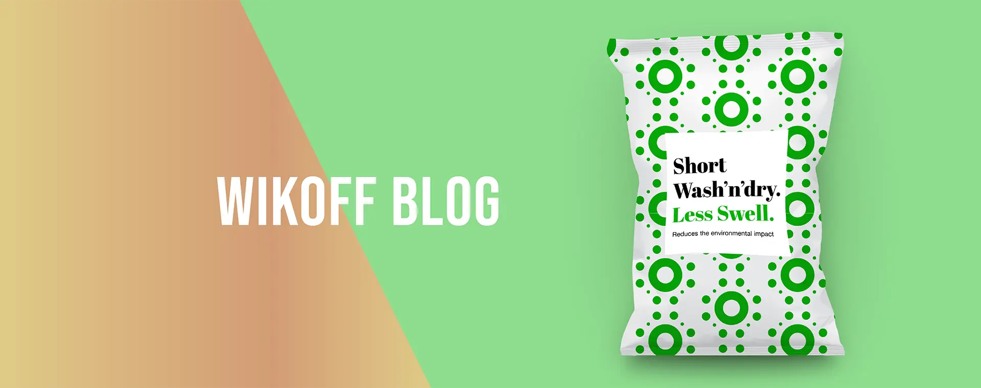 A green and white packet labeled "Short Washndry. Less Swell." is displayed on a green background next to the text "Wikoff Blog" on a gradient brown and green backdrop.