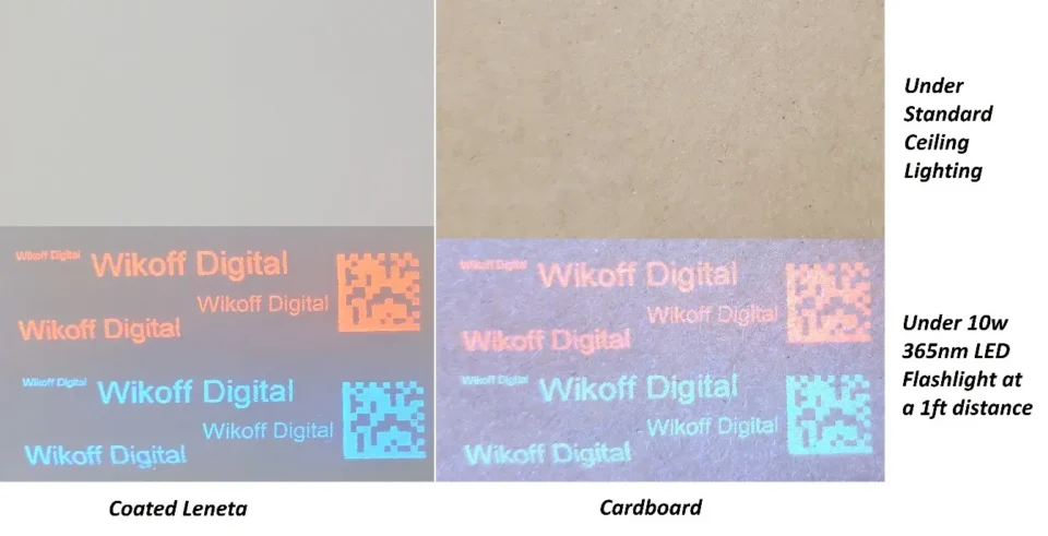 A coated Leneta card and a piece of cardboard show the "Wikoff Digital" print under standard lighting (top) and under 365nm LED flashlight, revealing glowing UV ink (bottom).