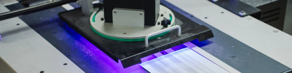 Close-up of an industrial printer or scanner processing a sheet of paper, with a blue light illuminating the paper as it moves through the machine.