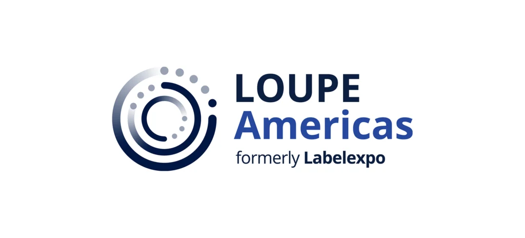 LOUPE Americas formerly Labelexpo logo, featuring a circular abstract design with gradient blue rings and text in bold and regular fonts on a white background.