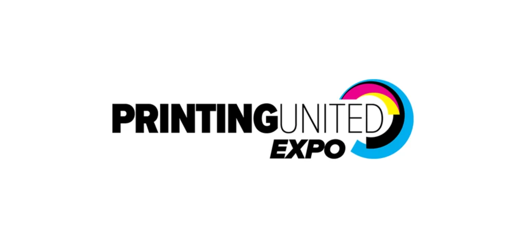 Printing United Expo logo with bold black text and a circular design in cyan, magenta, yellow, and black on a white background.